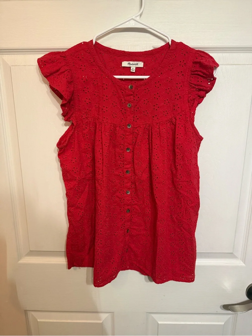 Madewell Red Eyelet Button-Front Women's Top - Picture 1 of 3